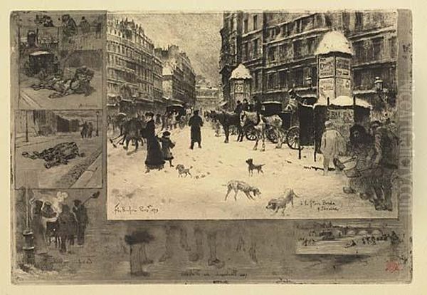 L'hiver A Paris<</b> Oil Painting by Felix-Hilaire Buhot