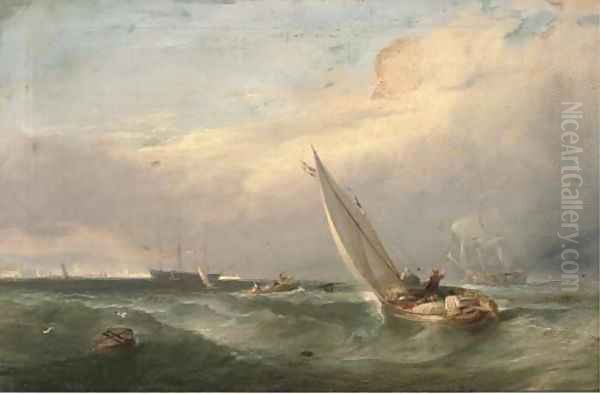 A man'o-war being towed into port Oil Painting by Edwin Hayes