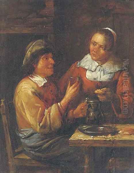 A peasant couple eating in an interior Oil Painting by Egbert Van Heemskerck