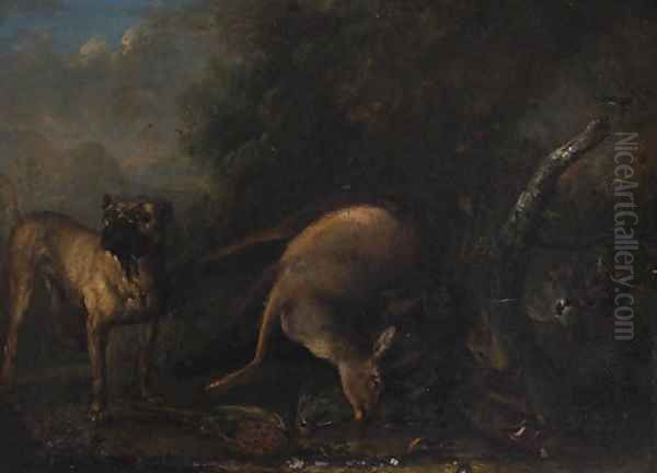 A Mastiff guarding dead Game Oil Painting by Ferdinand Philipp De Hamilton