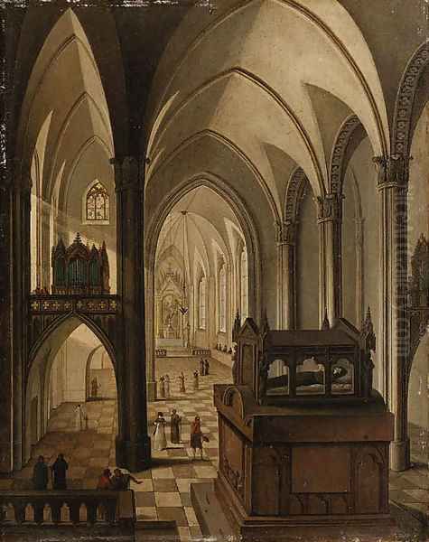 Interior of a Gothic Cathedral with elegant Figures walking in the Nave before a Tomb Oil Painting by Johann Jakob Hoch