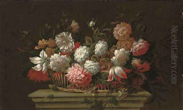 Carnations, chrysanthemums, roses, a parrot tulip and other flowers in a basket on a ledge Oil Painting by Pieter Hardime