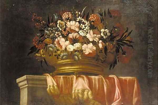 Flowers in an urn on a draped ledge Oil Painting by Pieter Hardime