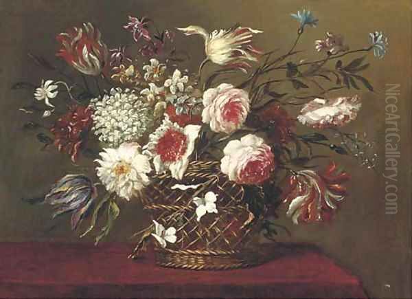 Parrot tulips, narcissi, roses and other flowers in a basket on a table Oil Painting by Pieter Hardime