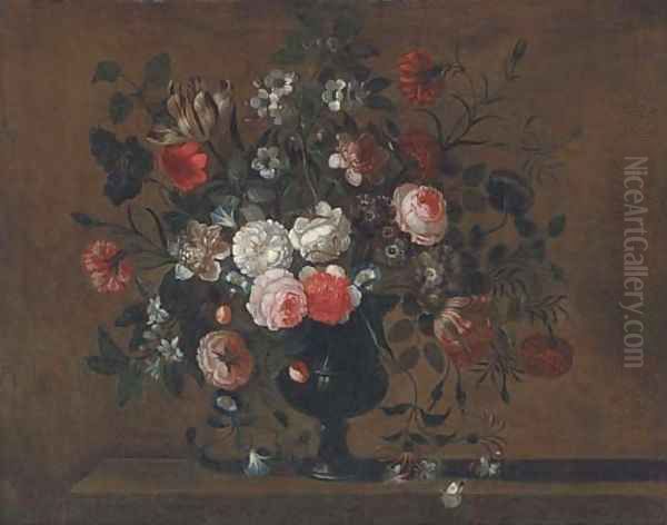 Parrot tulips, roses, morning glory, chrysanthemums and other flowers in a vase on a ledge Oil Painting by Pieter Hardime