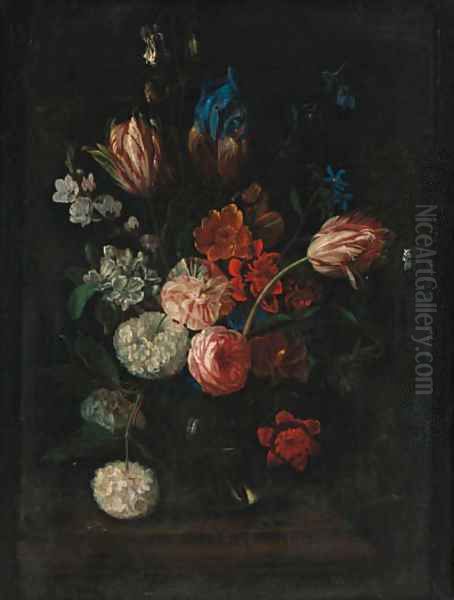 Carnations, tulips, peonies, irises and other flowers in a glass bowl on a ledge Oil Painting by Pieter Hardime