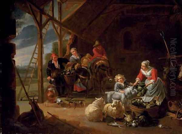 A peasant woman selling vegetables in a barn with travellers loading their donkeys Oil Painting by Willem van, the Elder Herp