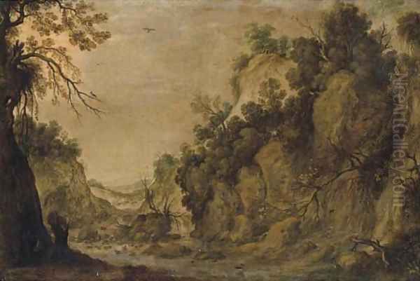 A rocky landscape with a waterfall and two figures by a river Oil Painting by Tobias van Haecht (see Verhaecht)