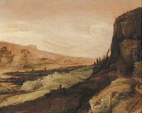 An extensive landscape with a traveller on a bridge Oil Painting by Tobias van Haecht (see Verhaecht)