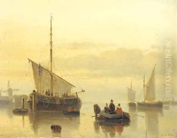 A calm shipping in an estuary at dusk Oil Painting by Cornelis Petrus T' Hoen