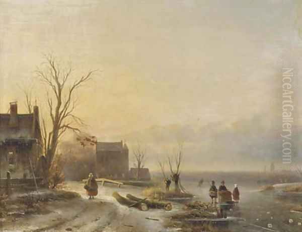 Figures on the ice at dusk Oil Painting by Cornelis Petrus T' Hoen