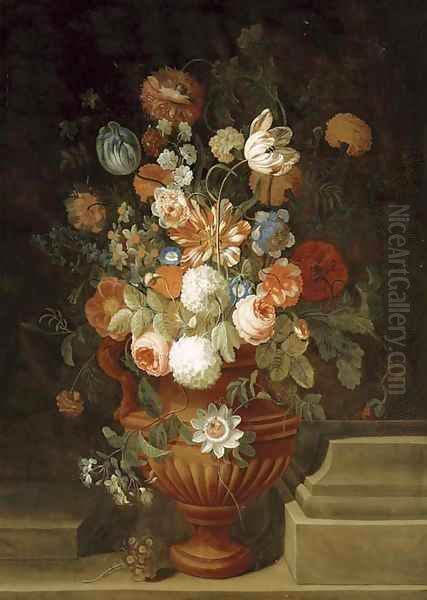 Flowers in a terracotta vase on a stone ledge Oil Painting by Simon Hardime