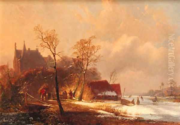 A winter landscape with skaters and a faggot-gatherer by a fortified mansion Oil Painting by Cornelis Petrus 't Hoen