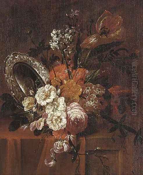 Roses, parrot tulips, chrysanthemums, narcissi and other flowers in a vase Oil Painting by Jacobus Melchior van Herck