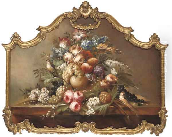 Summer flowers, grapes, apples, a pineapple and songbirds, on a stone ledge Oil Painting by Jan Davidsz De Heem