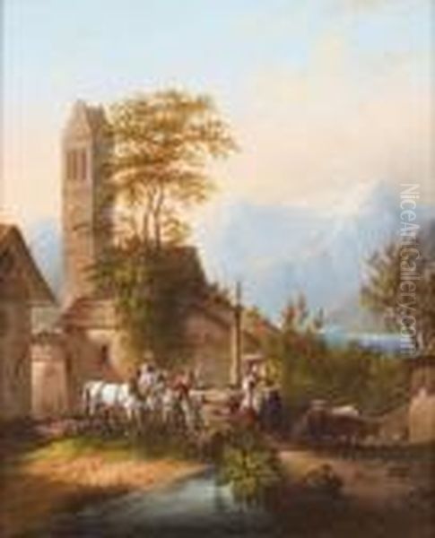 Dorfbrunnen Oil Painting by Heinrich Burkel