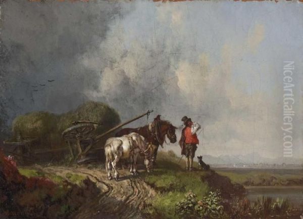 Der Umgesturzte Heuwagen Oil Painting by Heinrich Burkel