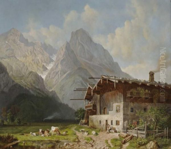 Bauernhof Vor Garmisch Oil Painting by Heinrich Burkel