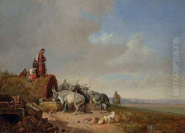 Rinderherde An Einembrunnen In Der Campagna Oil Painting by Heinrich Burkel