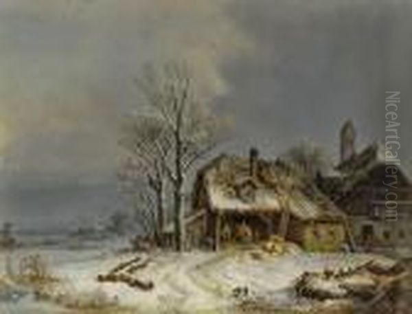 Winterliches Dorf Oil Painting by Heinrich Burkel