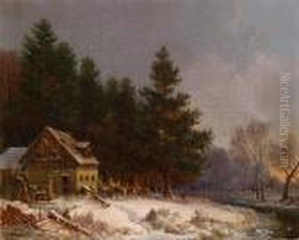 Wildfutterung In Einer Romanischen Winterlandschaft Oil Painting by Heinrich Burkel