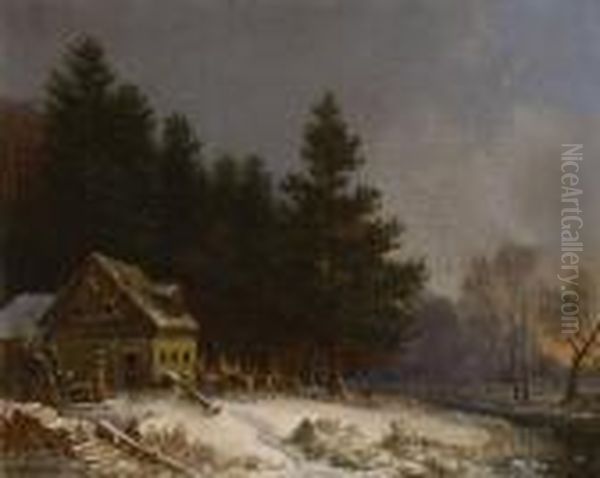 Wildfutterung Im Winter Oil Painting by Heinrich Burkel