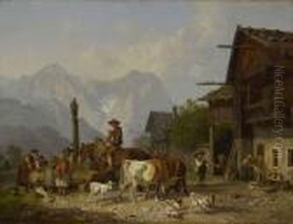 Gebirgsdorf Mit Brunnen Oil Painting by Heinrich Burkel