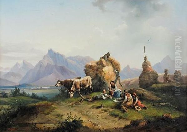 Pejzaz Gorski Ze Zwozka Siana Oil Painting by Heinrich Burkel