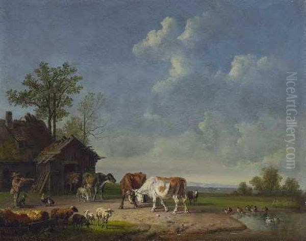 Bauernhof Mit Vieh Oil Painting by Heinrich Burkel