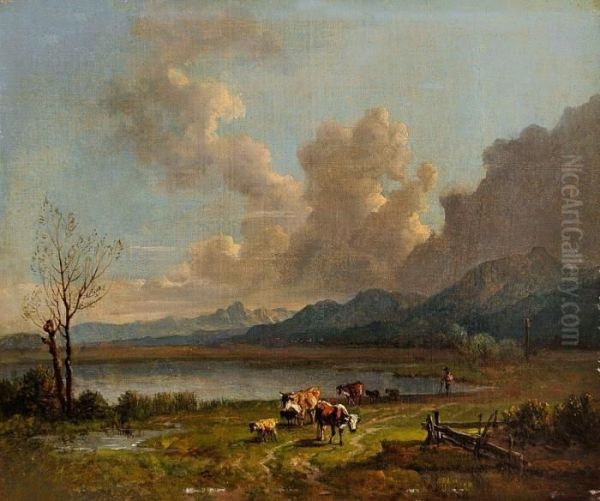 Kuhhirte Mit Seiner Herde In Vorgebirgslandschaft Bei Aufziehendem Gewitter Oil Painting by Heinrich Burkel