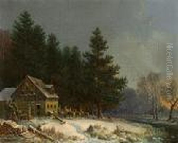 Forsthaus Im Verschneiten Wald Oil Painting by Heinrich Burkel