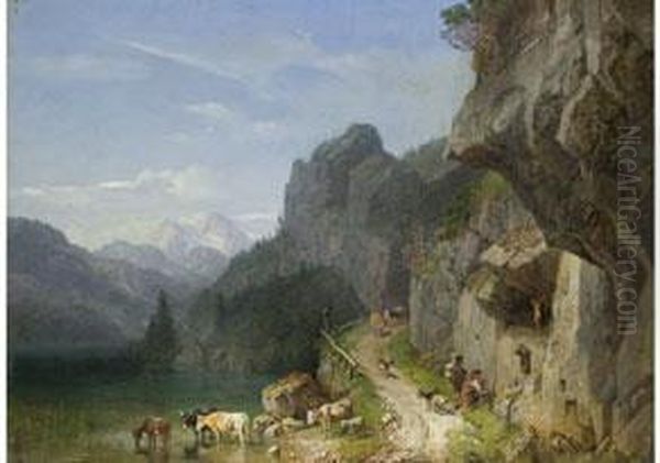 Felsenweg Am Achensee
 Mit Figurenstaffage Oil Painting by Heinrich Burkel