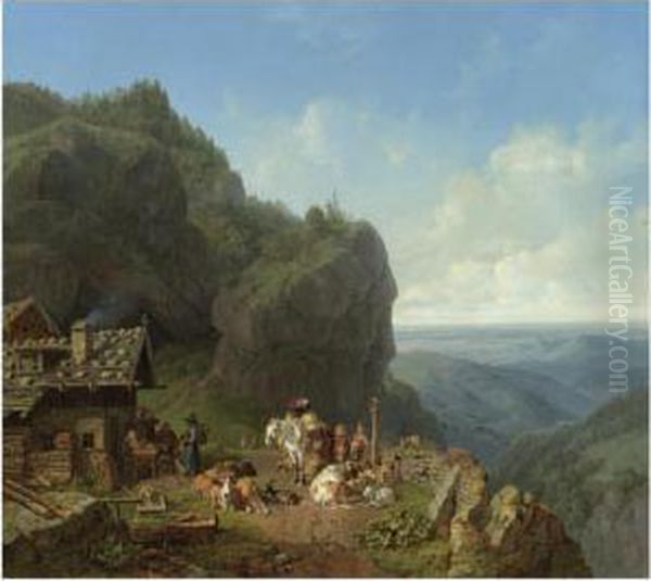 Wirtshaus Auf Der Alm Mit Alpzug (tavern In The Alps) Oil Painting by Heinrich Burkel