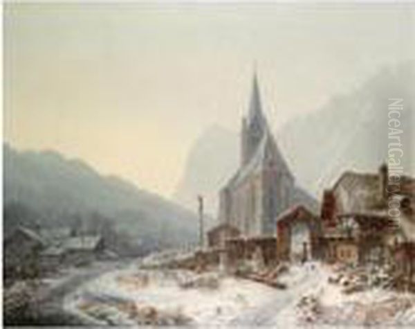 Winterliche Kirche Im Gebirge (winter In Ramsau) Oil Painting by Heinrich Burkel