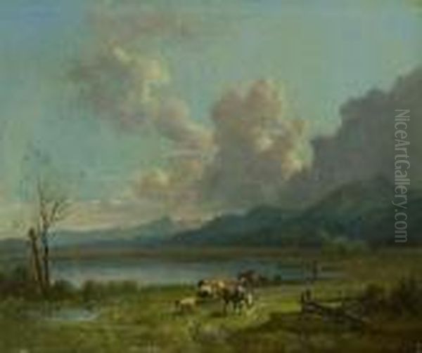 Vorgebirgslandschaft Bei Aufziehendem Gewitter. Oil Painting by Heinrich Burkel