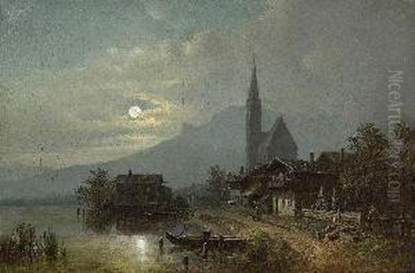 Gebirgsdorf An Einem See Bei
 Mondschein. Oil Painting by Heinrich Burkel