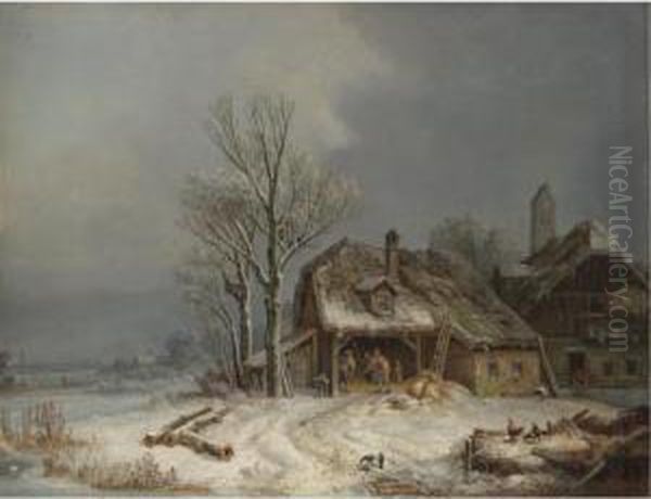 Winterliches Dorf (village In Winter) Oil Painting by Heinrich Burkel