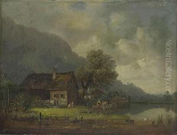 Gebirgssee Mit
 Fischerhausern. Oil Painting by Heinrich Burkel