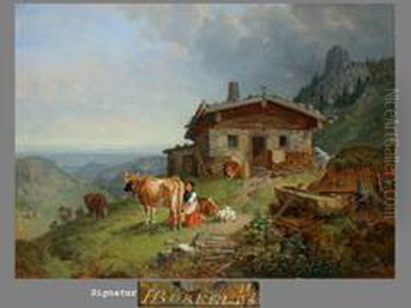 Das Gemalde Zeigt Eine Alm Vor Der Kampenwand Mit Blick Auf Denchiemsee Oil Painting by Heinrich Burkel