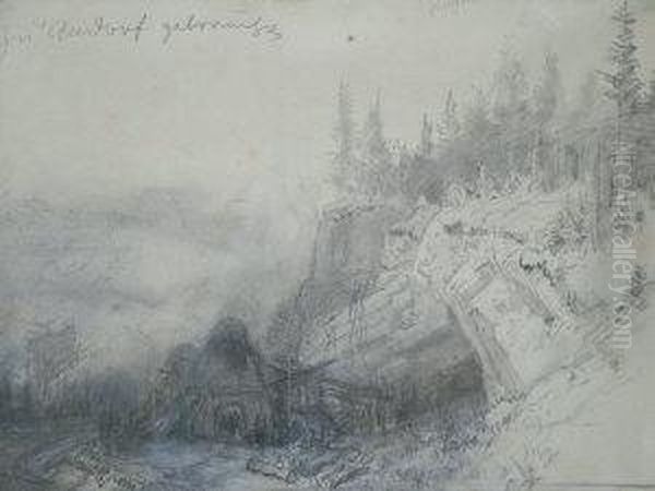 Burkel, German -- Workers And A 
Cabin In A Wooded Mountain Landscape; Pencil, Inscribed, 27x36.5cm Oil Painting by Heinrich Burkel