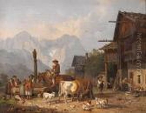 An Alpine Village Scene Oil Painting by Heinrich Burkel