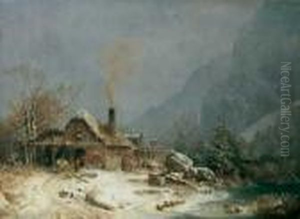 Schmiede Im Winter. Oil Painting by Heinrich Burkel