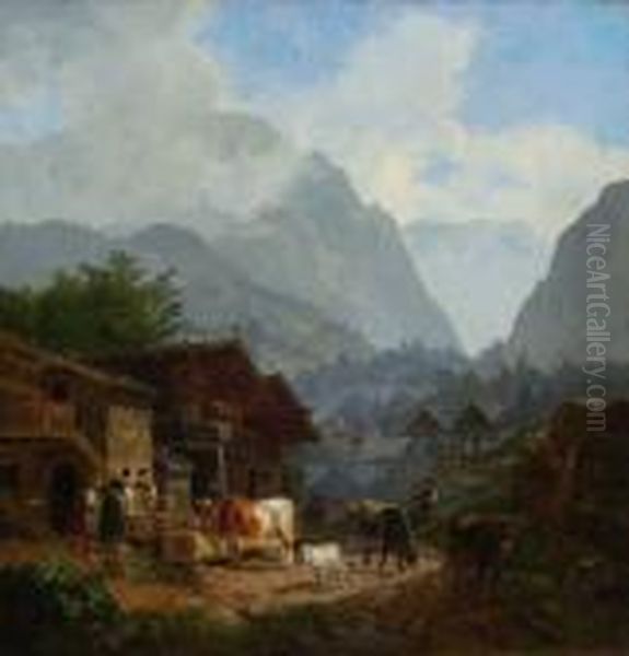 Oberbayerisches
 Gebirgsdorf. Oil Painting by Heinrich Burkel