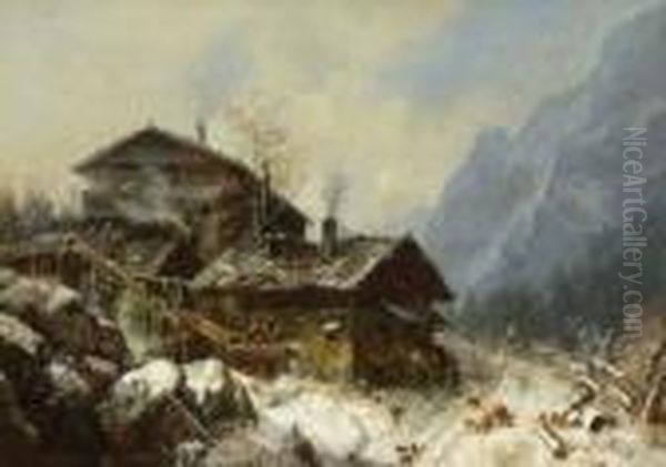 Schmiede Im Winter Oil Painting by Heinrich Burkel