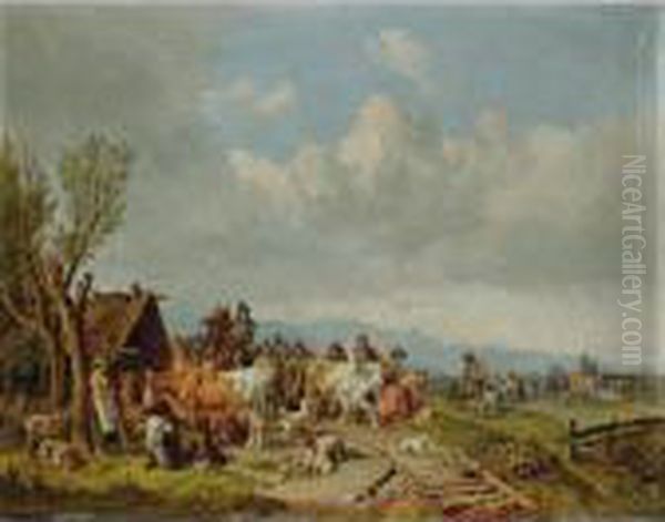 The Village Cattle Market Oil Painting by Heinrich Burkel