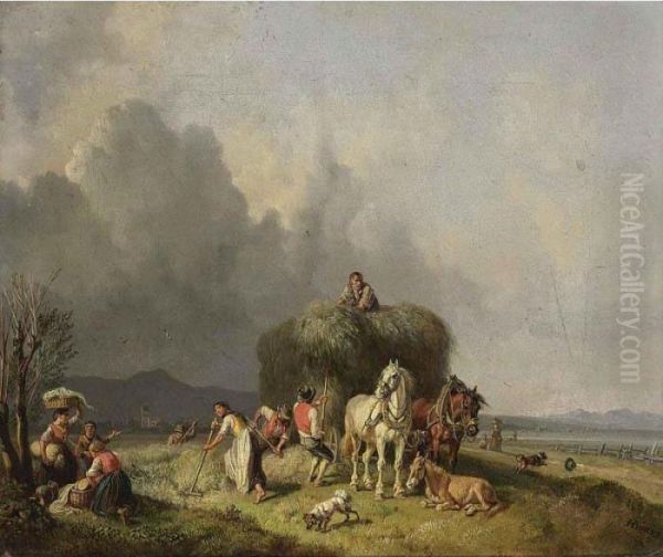 Loading The Hay-wagon Oil Painting by Heinrich Burkel