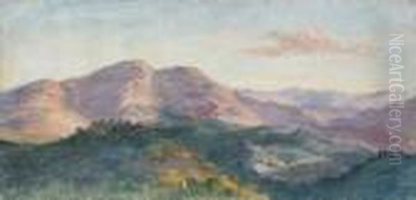 Landschaft Bei Civitella Mit Blick Auf Den Monte Serrone. Oil Painting by Heinrich Burkel