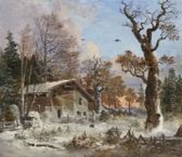 Winterlandschaft Mit
 Forsthaus. Oil Painting by Heinrich Burkel