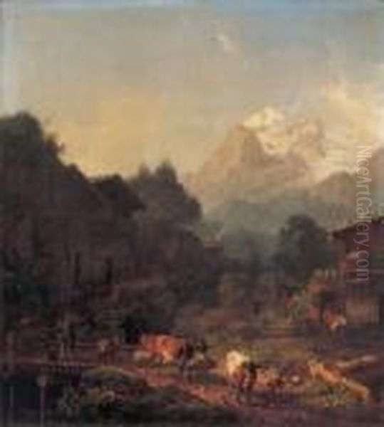 Gebirgsdorf Oil Painting by Heinrich Burkel