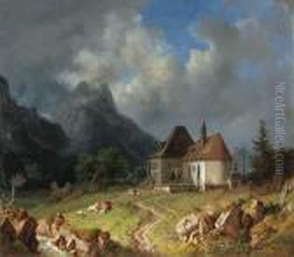 Das Kirchlein Von Hinterriss. Im Hintergrund Daswettersteingebirge Oil Painting by Heinrich Burkel